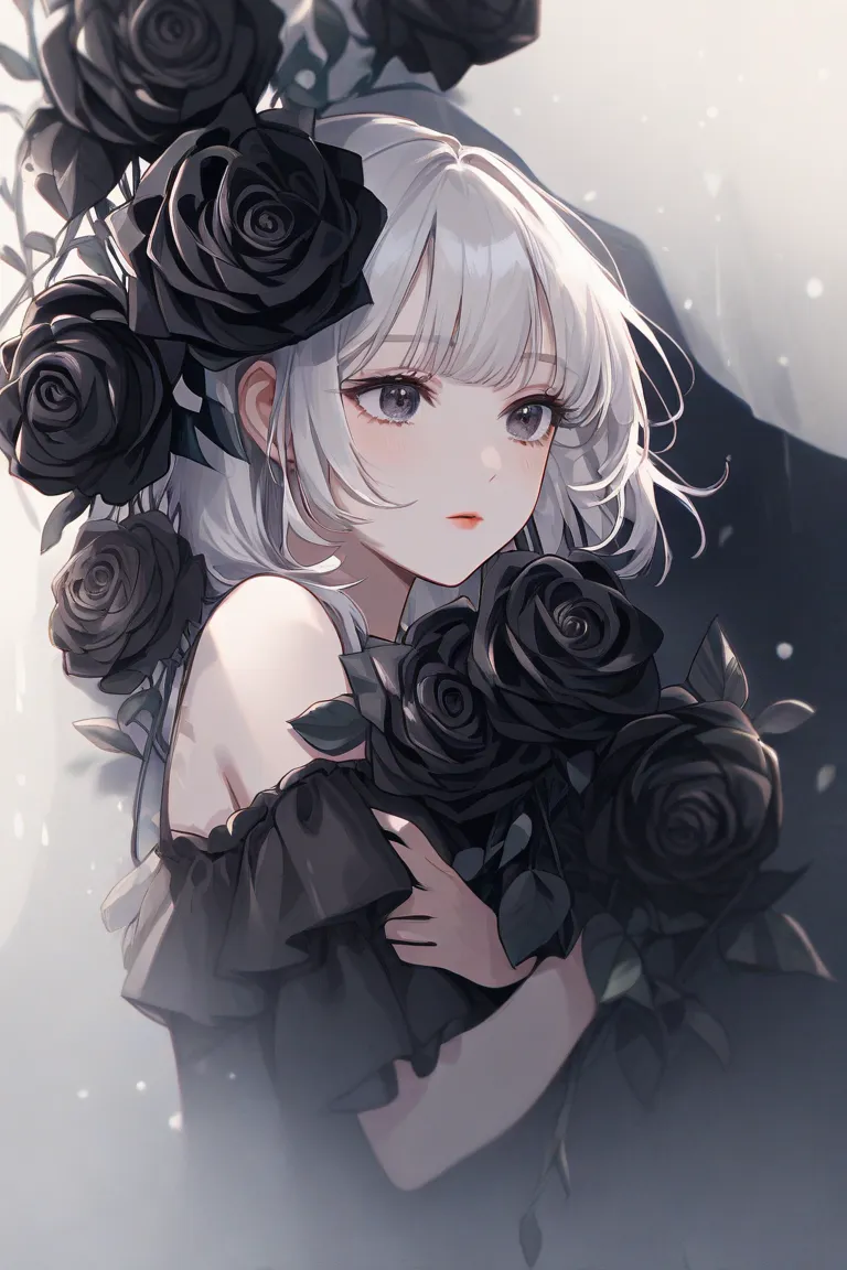 pastel colors、Half Body、ephemeral、Pretty Girl、white hair、long hair、black eyes 、droopy eyes、black dress、A bouquet of black roses in the hand、 from afar