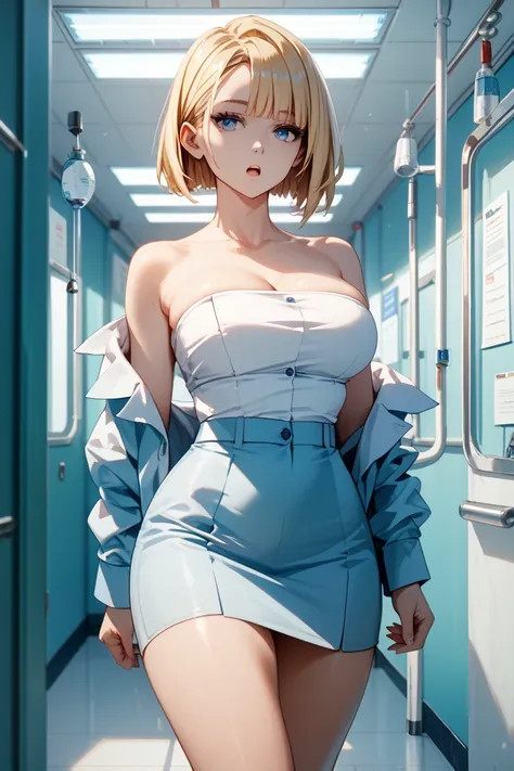 (masterpiece, best quality, ultra-detailed, 8K resolution: 1.2), Woman,hospital corridor, voluptuous,(black business suit:1.2),tube top, expressionless,blue eyes,side parted hairstyle,blonde hair,asymmetrical bob hair,open mouth, standing