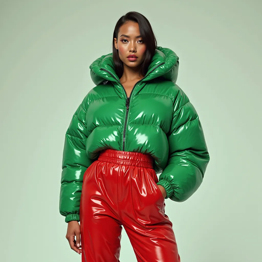 Full body Woman hiperrealistic  in nylon puffer jacket shiny green and parachute pants red

