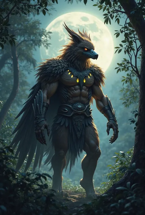 Create a realistic image of the fusion of a brown and black wolf with a brown eagle, do it in the form of a humanoid warrior.
Do the night in the middle of the jungle 