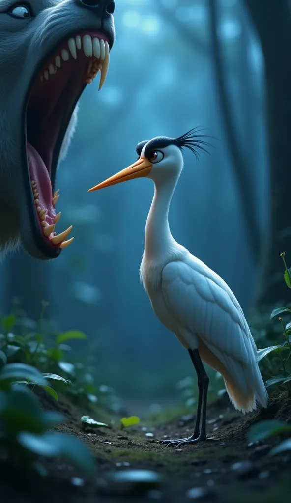 Create a Disney Pixar-style medium close-up shot of a white crane with sleek feathers, nervously looking down at the wolf’s open mouth in a forest clearing. The crane is placed center frame, her long beak slightly trembling. The point of view is slightly a...