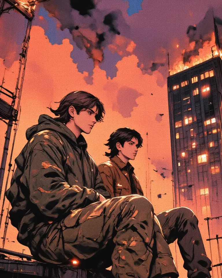 "Two young men sit on the edge of a rooftop overlooking a burning cityscape. The sky is filled with thick, orange and dark purple smoke, with embers drifting through the air. The fire reflects off the glass windows of tall buildings, casting an eerie glow ...