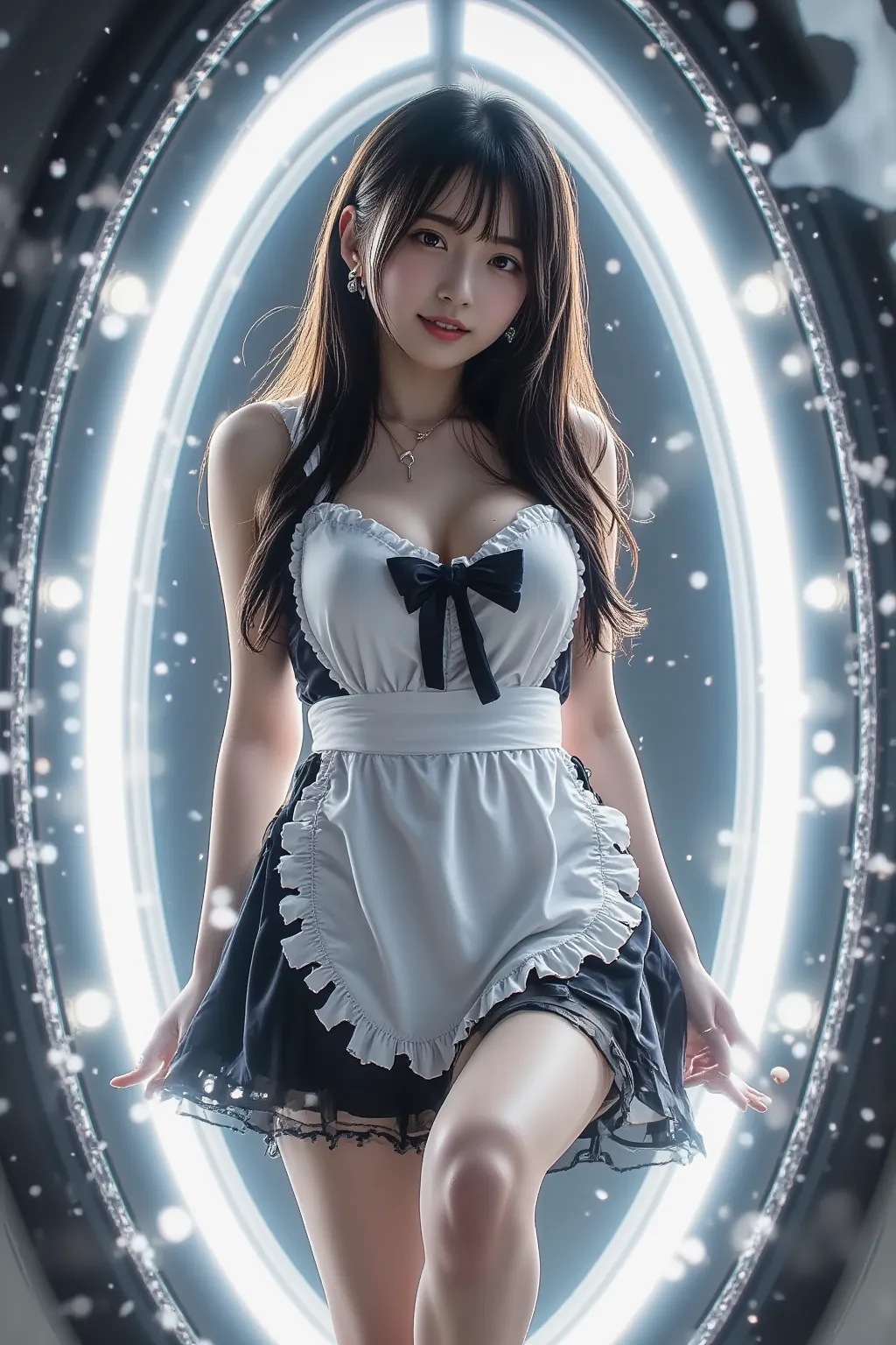 ((光るポータル))、18-year-old Korean idol girl, standing inside a radiant glowing portal, dressed in a cute maid outfit, black hair flowing naturally with bangs, smiling softly with full lips and a mole on her cheek, lifting one leg gracefully with spread thighs,...