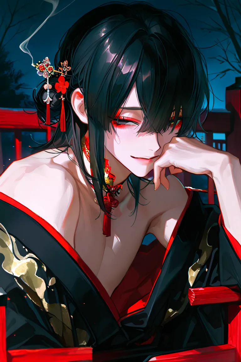 male,black hair,medium hair,hairstyle with the top half of the hair in a bun,ornate hairpin,gazing at us through a high red wooden fence,thick high red wooden fence,handsome,kimono of a courtesan,the collar of the kimono falls down and the shoulders are ex...