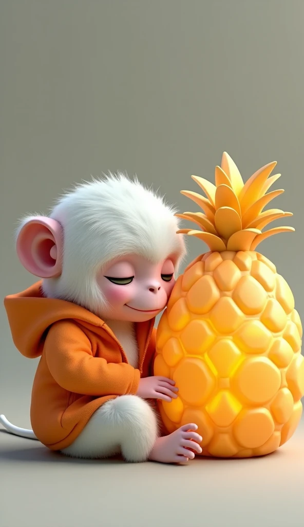 White monkey (dressed jaket orange)  sleep next to a pineapple-shaped lamp