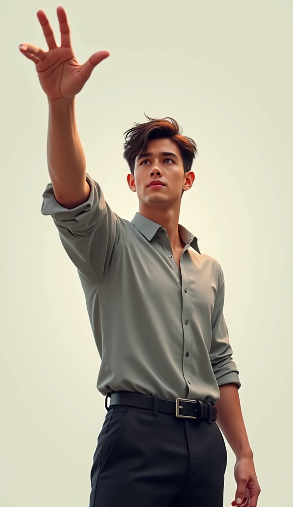 Young  man standing, raising his hand and pointing with five fingers