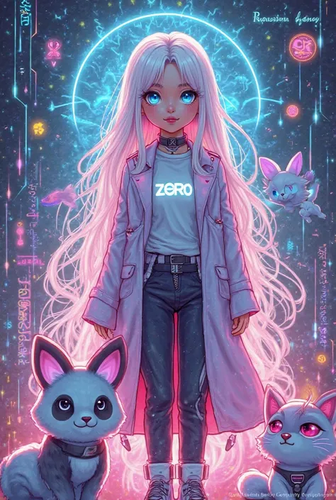 Create an ultra-detailed, visually striking 2D hand-drawn illustration of ZER0, a young girl who embodies liquidity in the 0G Chain ecosystem. She should stand confidently with a futuristic presence in a whimsical, ethereal world full of vibrant colors and...