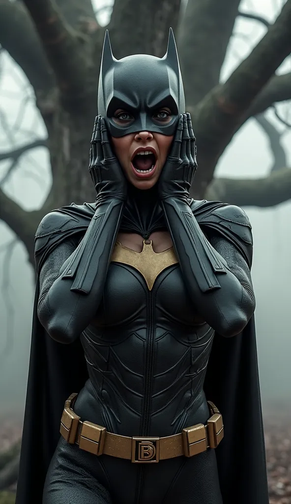 batwoman standing infront of tree , hands on her face in a shocking way , shocked face , mouth open.3d