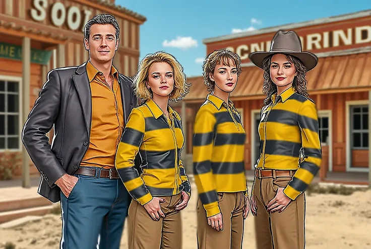 A group of four bandits in the style of the Dalton Brothers from Lucky Luke, but with the real faces from the original photo. On the left stands a man, while the other three people on the right are women. They wear the iconic yellow and black striped priso...