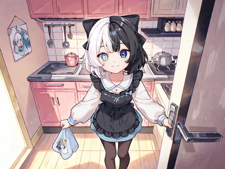 a cartoon girl is holding a rag doll by a pink pot in the kitchen,  1girl , Alone, apron, black hair, pantyhose, multicolored hair, smile, split-color hair,  two-tone hair, heterochromia, white hair, looking at viewer, indoors, dress, kitchen,  middle scho...