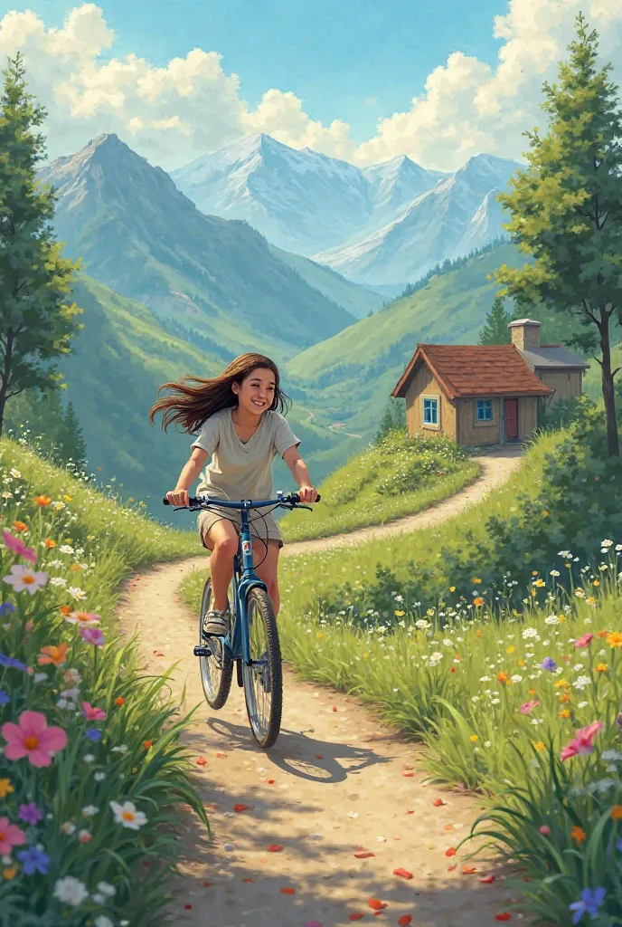 a beautiful cute girl is riding a bicycle to her cozy and beautiful house on the beautiful green mountain side