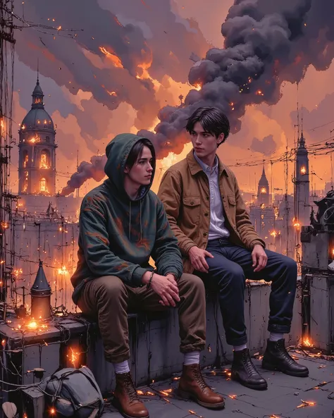 "Two young men sit on the edge of a rooftop overlooking a burning cityscape. The sky is filled with thick, orange and dark purple smoke, with embers drifting through the air. The fire reflects off the glass windows of tall buildings, casting an eerie glow ...