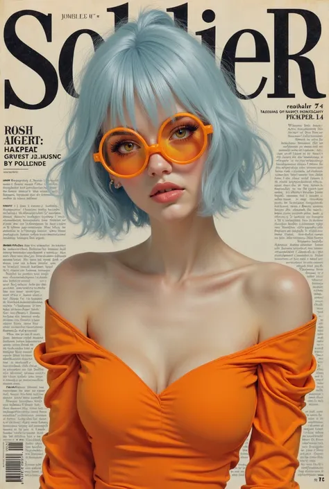 Soldier11 by zenlesszone real hyperrealistic woman Hyperrealism as the protagonist of the cover and with background texts as if it were a real magazine.  outfit.  hyperrealism. live action magazine. big breasts. Pale blue hair. Short hair with a ponytail a...