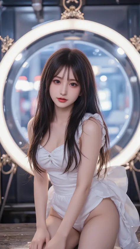 ((光るポータル))、18-year-old Korean idol girl, standing inside a radiant glowing portal, dressed in a cute maid outfit, black hair flowing naturally with bangs, smiling softly with full lips and a mole on her cheek, lifting one leg gracefully with spread thighs,...