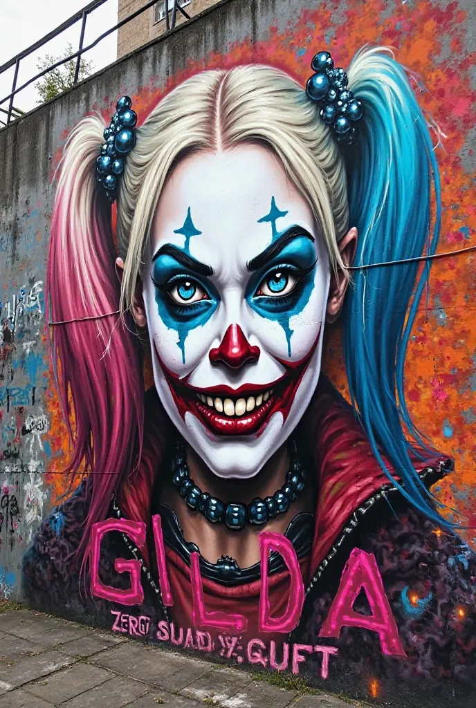 Harley Quinn skull mural style with GILDA text on top. In the center the text ZERO and underwritten SUICIDE SQUAD. in basso il testo WILD RIFT. all with bright colors