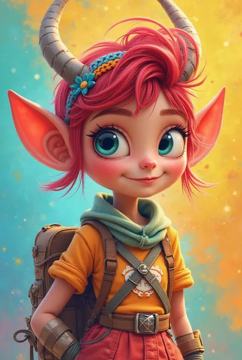 "Create a beautiful and original cartoon character with a fun and distinctive appearance. The character should have exaggerated features, bright colors, and an expressive face. Give them a playful yet adventurous personality. Dress them in a creative outfi...