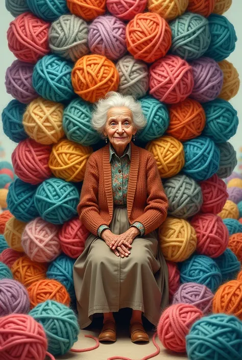 Illustration of an old lady sitting on lots of balls of wool vertically 