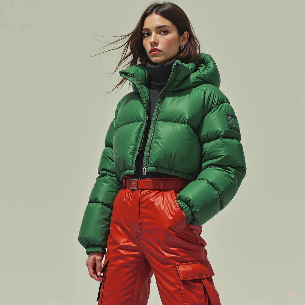 Full body Woman hiperrealistic  in nylon down jacket green and parachute pants red

