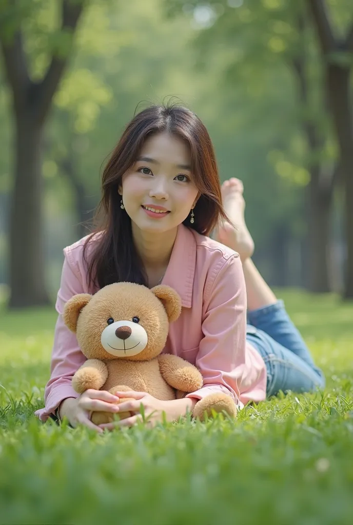 Beautiful Vietnamese woman wearing pink jacket picture of Teddy bear, short jeans , on her stomach on green grass facing forward against green grass backgroundand realistic green trees ,HD 8K.