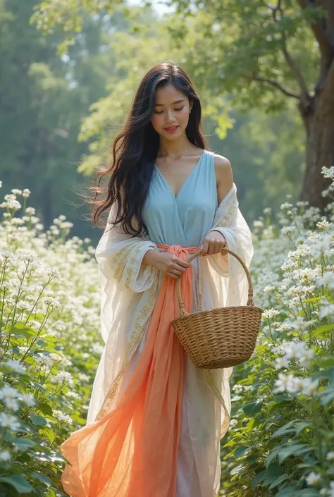 full lenght 4 k in the middle of a jasmine garden. A beautiful young woman, sweet and gentle, with long black hair flowing in the air, wearing a light blue Dusit Thai dress, an orange and white sarong with pink sheen, and a white and gold sheen shawl, is p...