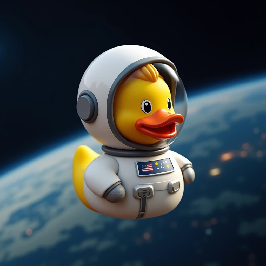 A space exploration-themed rubber duck dressed as an astronaut, in outer space hovering above the earth, bound...