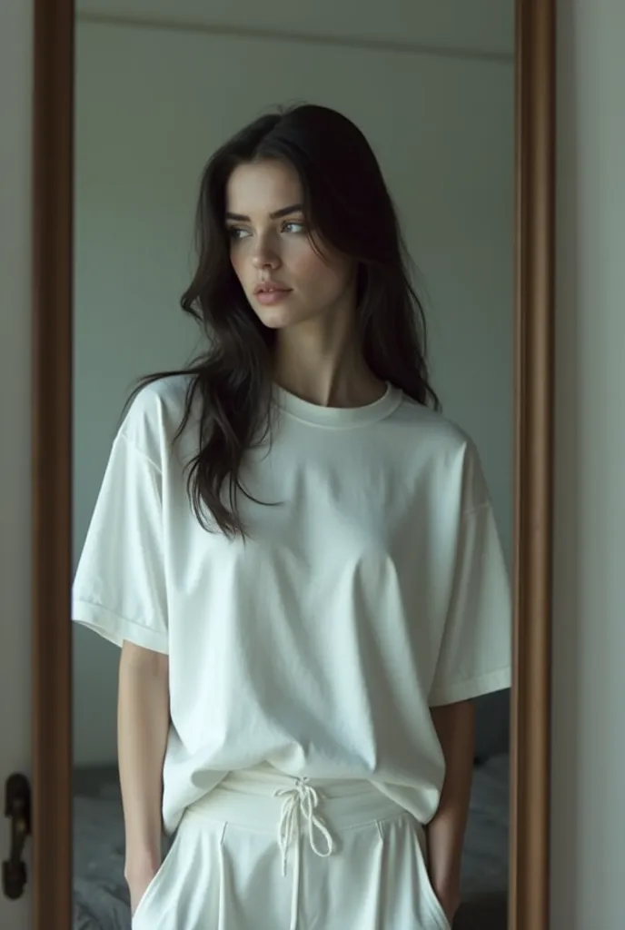 
A Slavic looking girl with black hair is standing in a white oversized T-shirt and pants and is photographed in the mirror