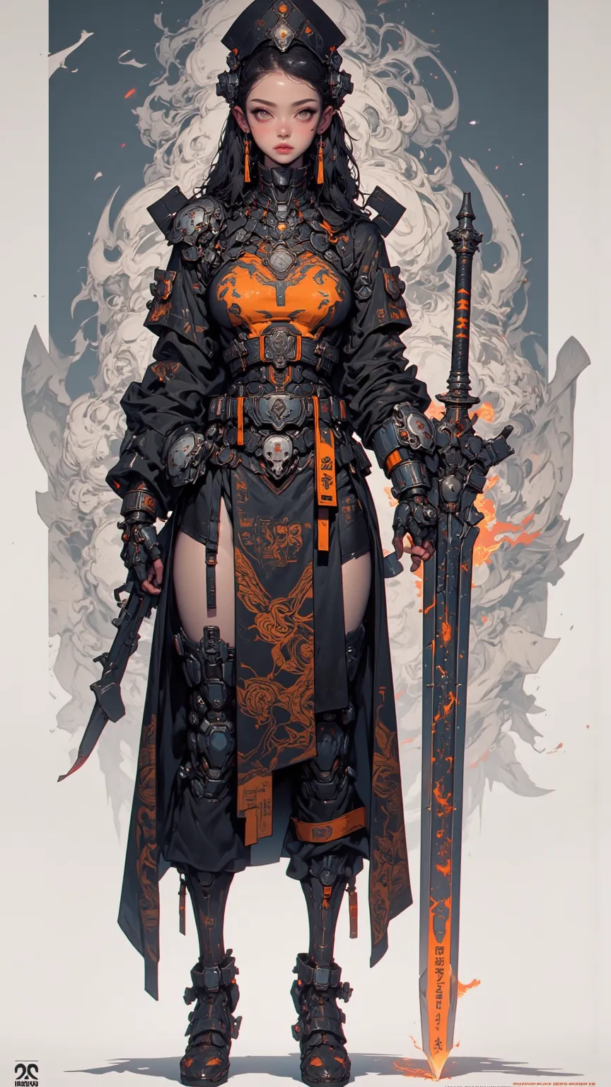 Witness a Prominent Character、Partly Mechanized Female Alien Warrior，Equips Mechanical Enhancement，Wearing an Intricate Dress，Skull Ornament，Holding a Flaming Sword，Her eyes are mesmerizing in this extraordinary work of art。