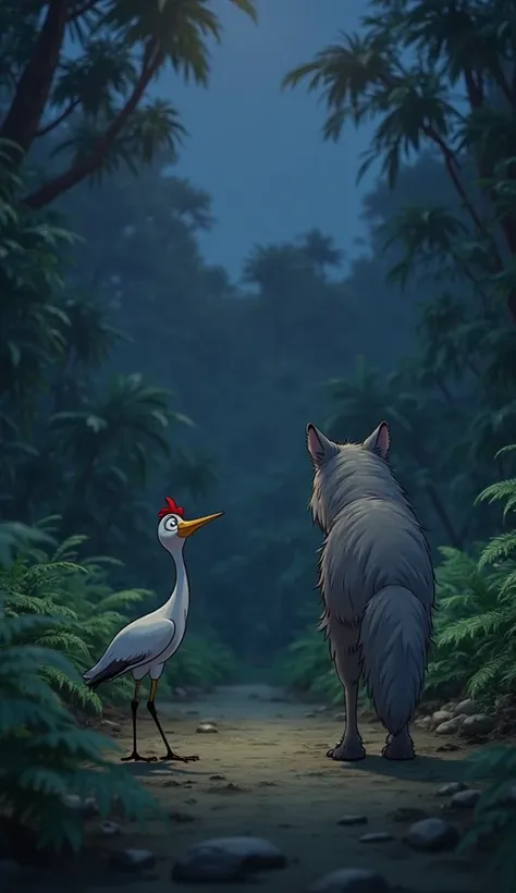 Create a Disney Pixar-style medium shot of a large, gray wolf walking away smugly, his tail swishing, while the crane looks shocked in a jungle clearing. The wolf is placed to the right, turning away without a second thought. The point of view is from the ...