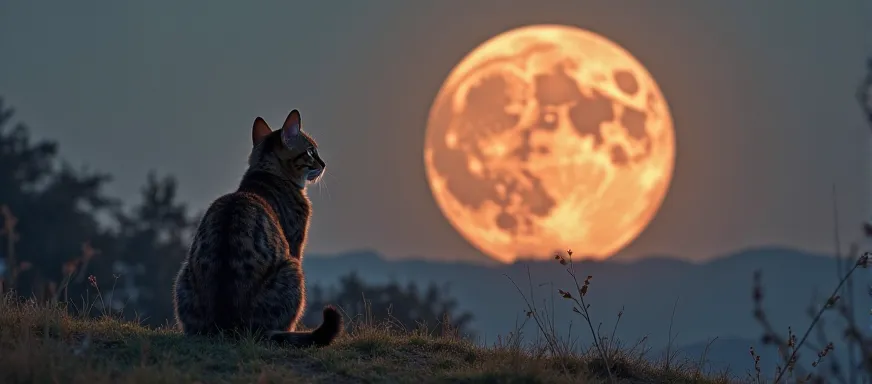 teknőctarka macska ül egy domboldalon, a teliholdat nézi, háttal ül, detailed realistic portrait, highly detailed, realistic, photorealistic, 8K, hypea tortoiseshell cat sitting on a hillside, watching the full moon, back turned, detailed realistic portrai...