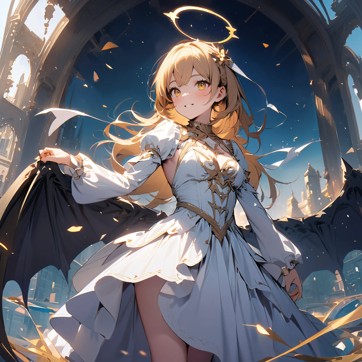 one girl、 Gold、Twin Tail Hairstyle、smile、 white long sleeve dress 、Angel halo on head、Black devil wings on his back、The Kanekusai flower is dancing、Hi-Res, masterpiece, accurate, 