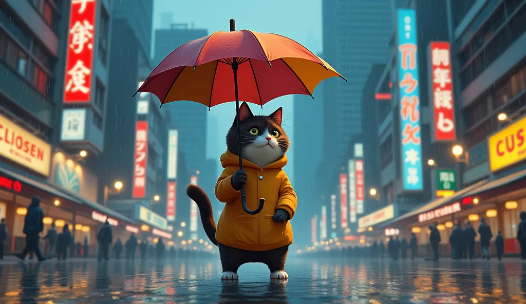 the 2d dark brown and white cat wearing a Hoodie holding an umbrella in the rain while busy city trafficr. Studio ghibli art style