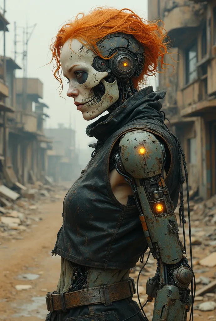 A highly detailed and realistic skull girl,( Anya. Taylor Joy) cyberpunk character, mad max furiosa, one hand robot, cyborg arm, orange hair, dramatic metal heavy rock theme, best quality, 8k, hyperrealistic, photorealistic, extreme detailed painting, stud...