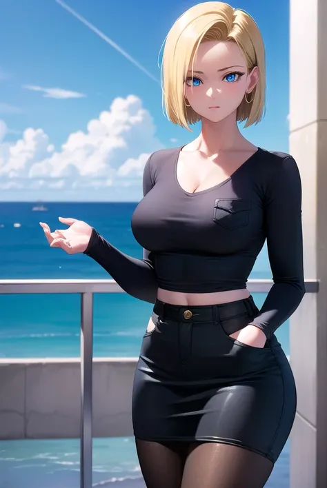 android18, android 18, blonde hair, blue eyes, eyelashes, hoop earrings, short hair, earrings,
BREAK, brown pantyhose, black shirt, breast pocket, cleavage, collarbone, black leather skirt, high-waist skirt, jewelry, long sleeves, pocket, shirt, crop shirt...