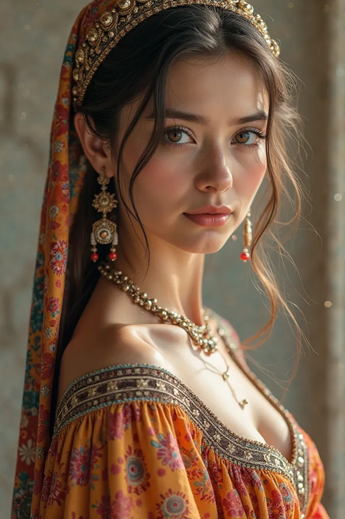 Turkmen girl, national dress, low-cut, beautiful breasts