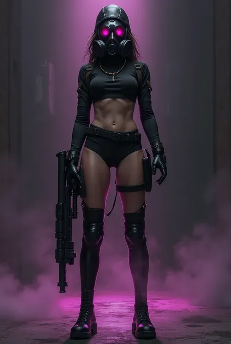 Female Soldier with a gas mask with a black skimpy 
uniform holding a gun with a black and purple background 