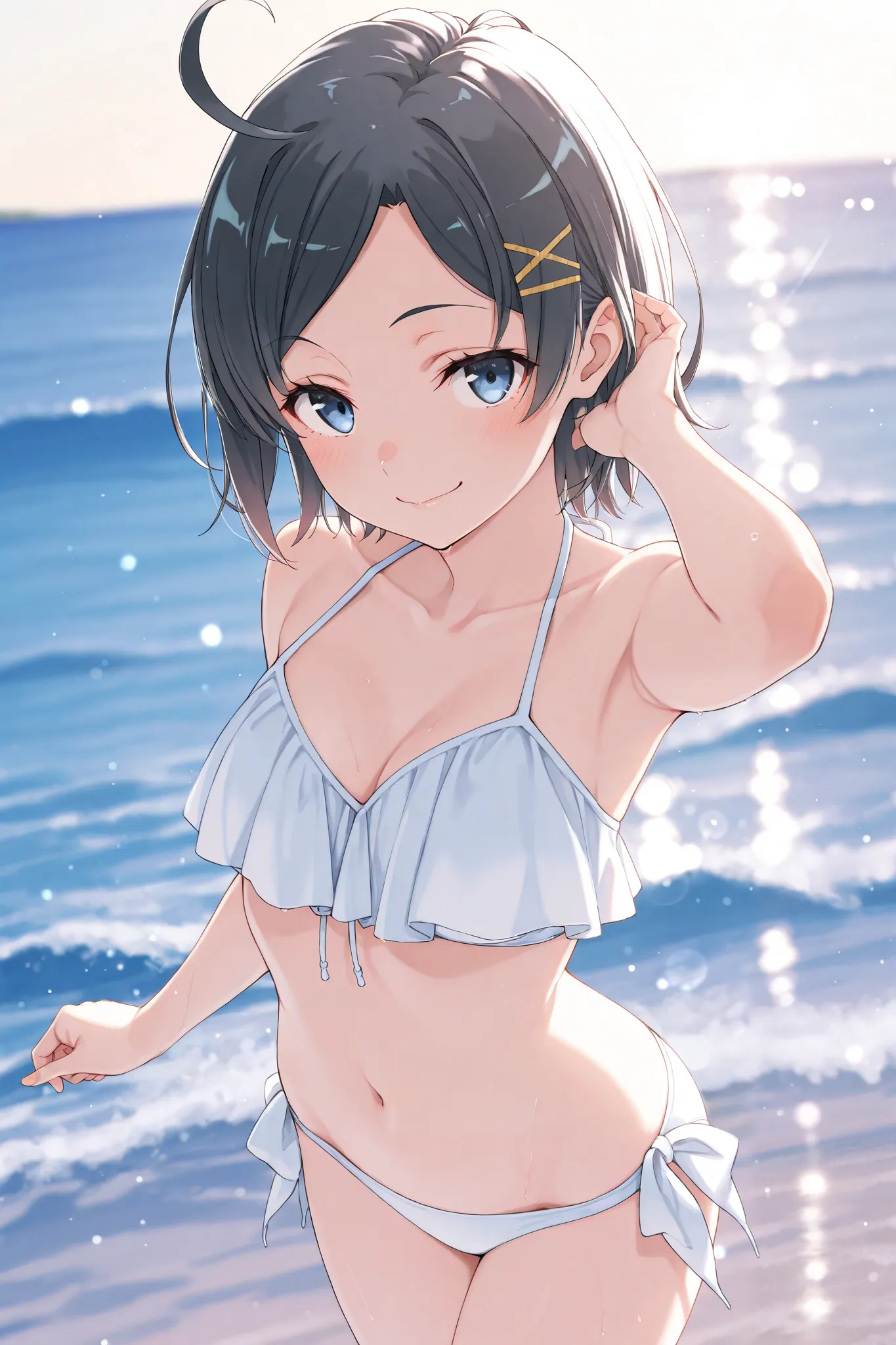 {hikigaya komachi},{yahari  ore no seishun lovekome wa machigatteiru},Light particles, depth_of_field, high resolution, high quality, soul, bikini, white bikini, sea,A splash,,, sexy, soul, high quality, high resolution olution, detailed image, beautiful g...