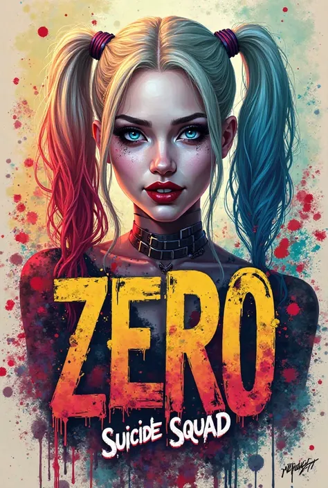 Harley Quinn style painted with the text GILDA on top. in the center the text ZERO SUICIDE SQUAD. in basso il testo WILD RIFT. all with bright colors