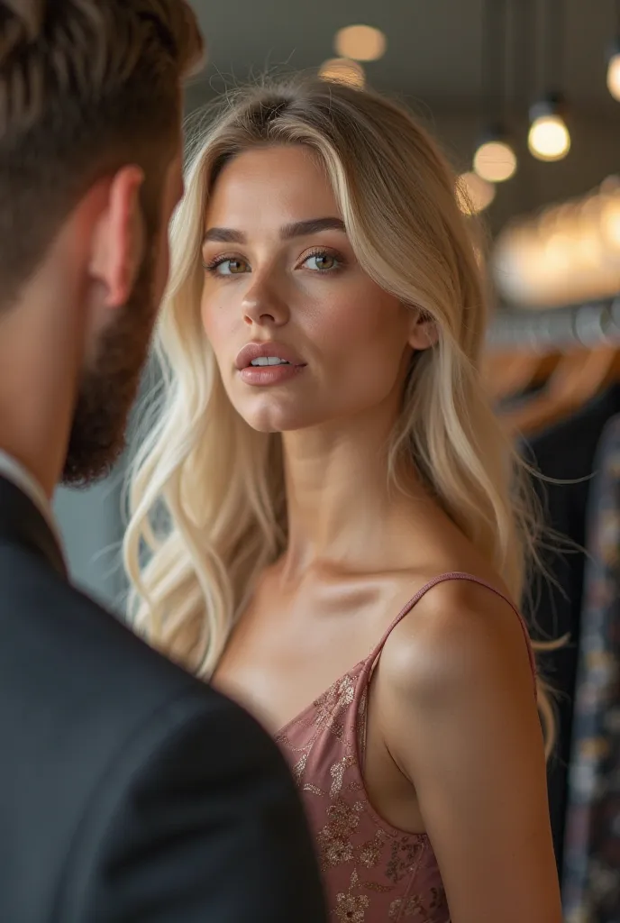 He is getting dressed in a clothing storeA stunning portrait of a beautiful fair-haired woma Captured in a modern setting. The subject is stylec sophisticated makeup look that enhances her natu highly detailed and high-resolution 16k imagery.