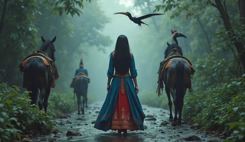 cinematic style

dark river "Princess Among" (A Malaysian woman with long black hair is wearing a long tribal-looking dress that is blue on top, has a long-sleeved dress, and a red dress on the bottom)  and  across a misty path. black horse, Tula, and whit...