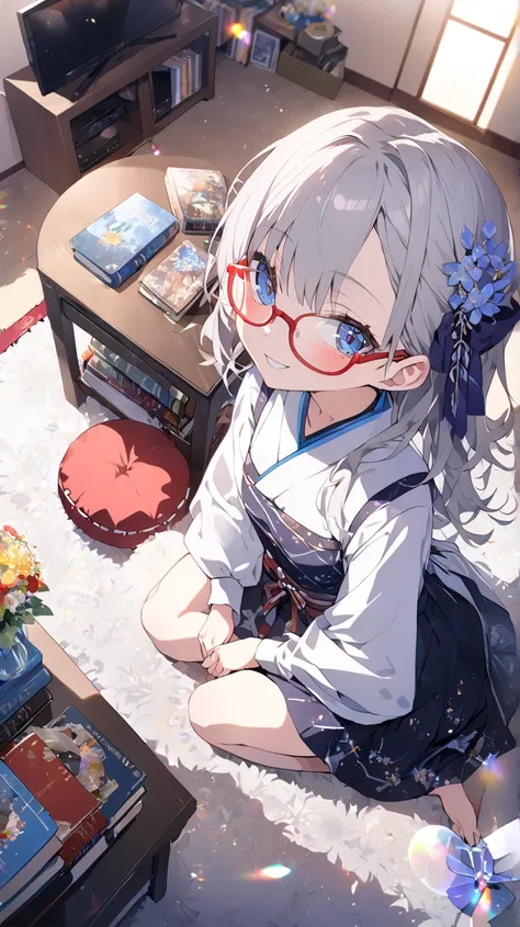 1 girl, room、tv set、Books棚、 table、 carpet、Japanese cushion、Books、flower、Blue Eyes, Grey Hair、 red rimmed glasses、sit、 flared skirt seen from below、Accessory, from above、Wide angleショット, Wide angle, Dutch Angle, glitter effect, blurred background, lens flare...