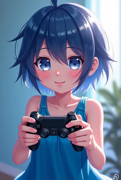 An anime character holding a controller for video games
He wears a blue dress