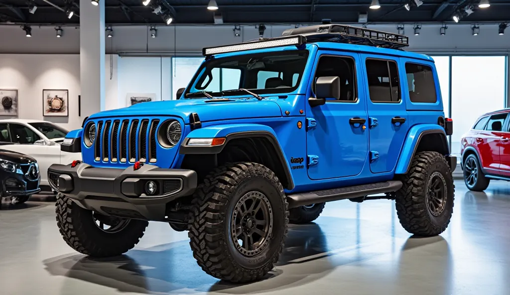 JEEP recon  in blue colour in showroom front view 