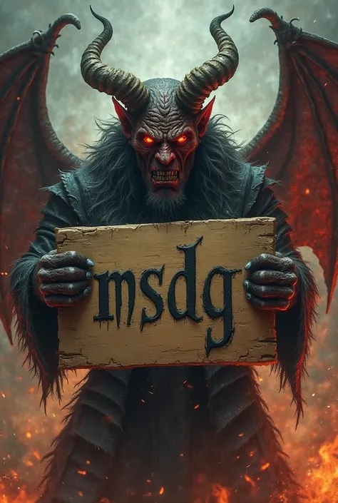 A devil holding a board written “MSDG” 