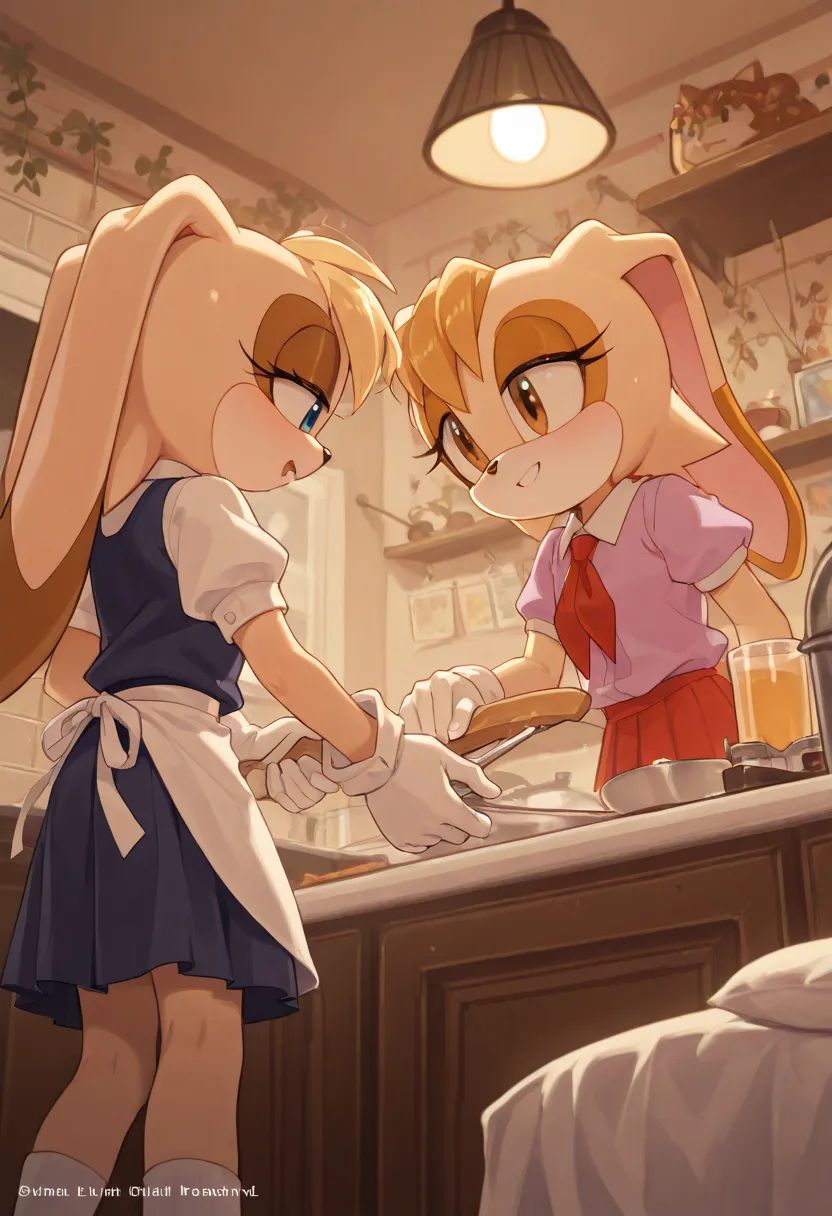 two young women in school uniforms cutting something in the kitchen behind butterfly decorations, skirt, blonde hair, lamp, shirt, multiple girls The girl is being pulled by her Panties, Vanilla The Rabbit 