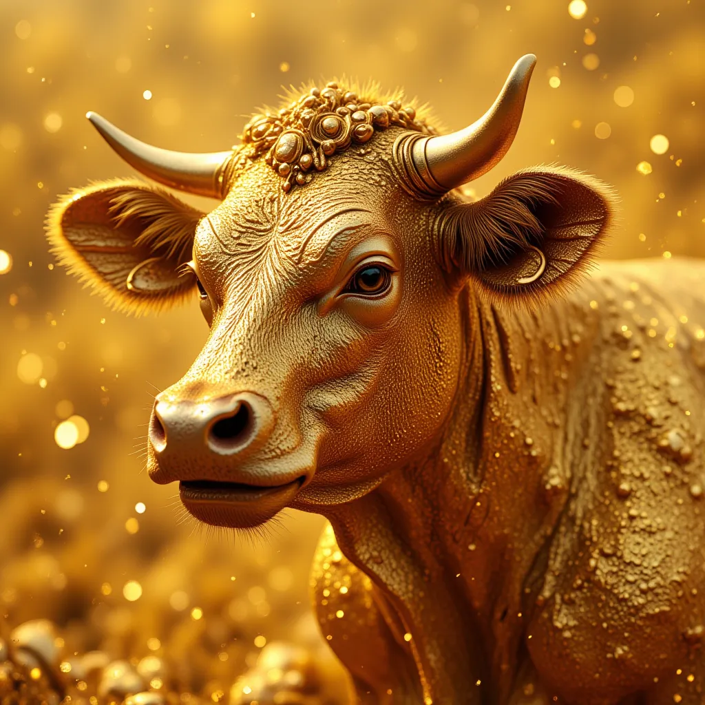 On a background full of gold, 1/The skin, which is made of gold about the size of 5, is moving vividly, and the smooth golden brown is moving vividly. On a background full of gold, draw a golden cow decorated with jewels, She's very handsome, clean, and ha...