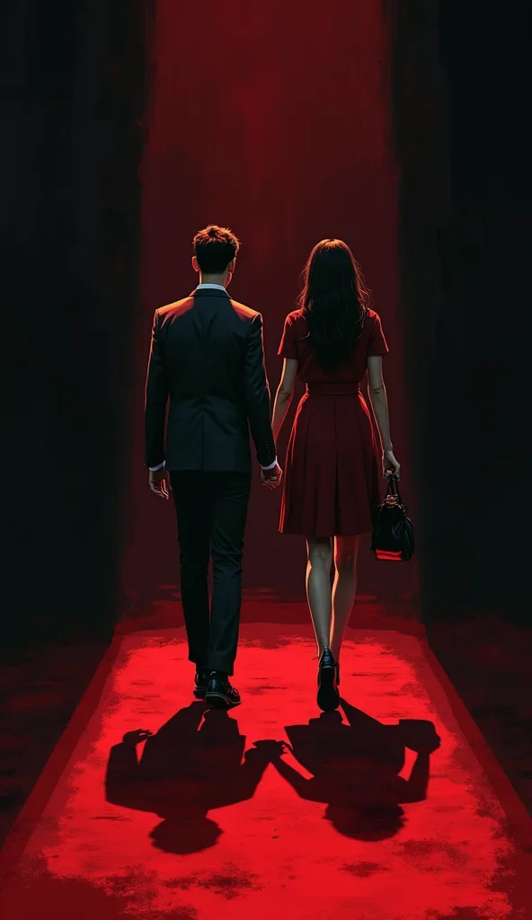 1d cinematic webtoon art where a man and woman walking where the women is seeing the back. Horror stylized illustration, background black and they are walking on a red surface, from the left camera angle

