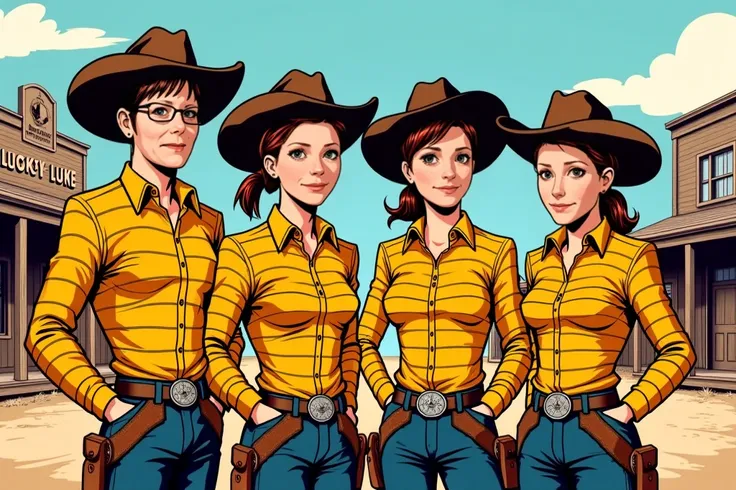 A group of four bandits in the style of the Dalton brothers from Lucky Luke, but with the real faces from the original photo. On the left is a man, while the three other people are women. They wear the Daltons' iconic yellow-black striped convict suits and...