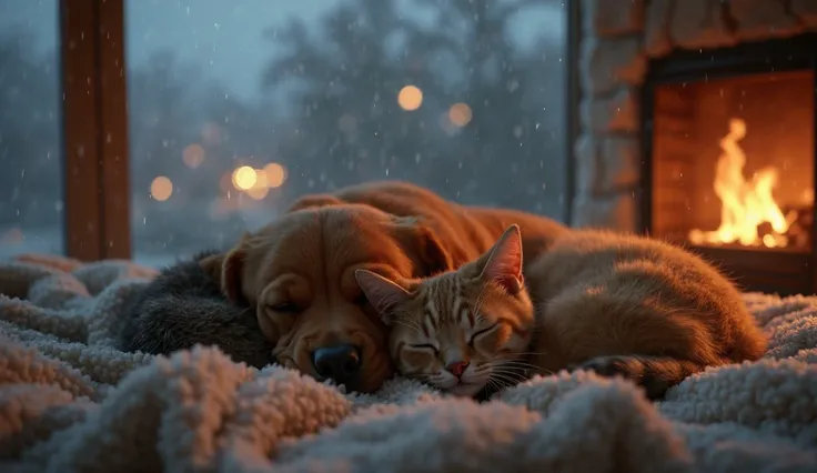 A highly realistic and cinematic scene of a cozy indoor setting during a rainy night. A [dog breed] and a [cat breed] are peacefully sleeping together on a soft, plush blanket. Their eyes are fully closed, their bodies completely relaxed, and their breathi...