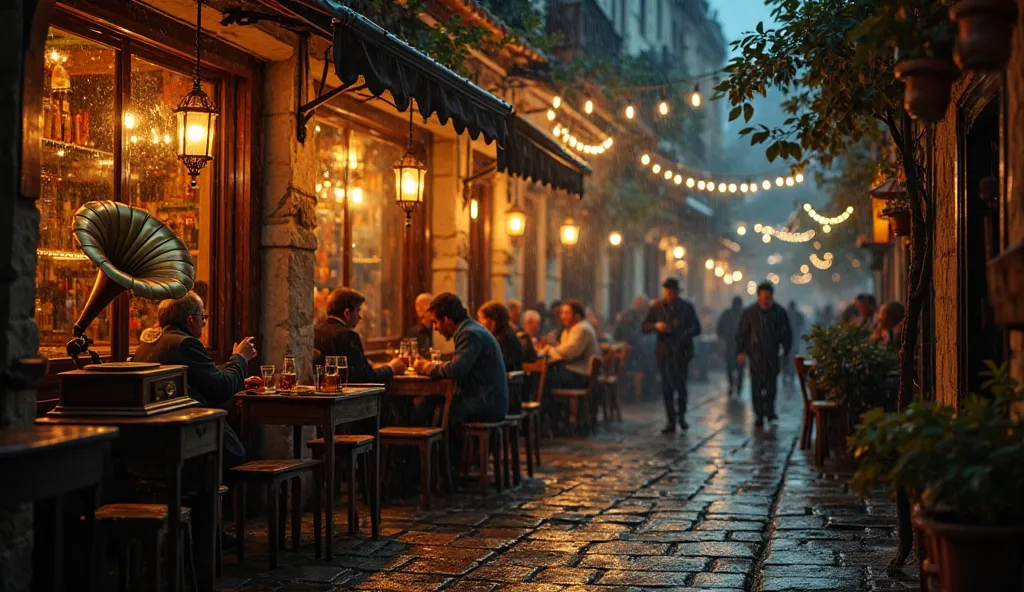 Create a moody and atmospheric visual capturing the essence of a traditional Turkish tavern (meyhane) on a rainy evening. The scene is viewed from outside, looking into the warmly lit tavern through a rain-streaked window. Inside, the tavern is cozy and in...