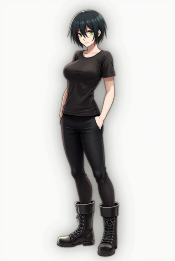 Gender: Female
Race: Human 
Age: 26 years old 
Height: 161cm / 5'3"
Appearance: Black short hair, cut above chin. Pale skin, Dark green eyes with an orange tint, Slender body shape, with a large bust, narrow shoulders and hips, a small waist and straight b...